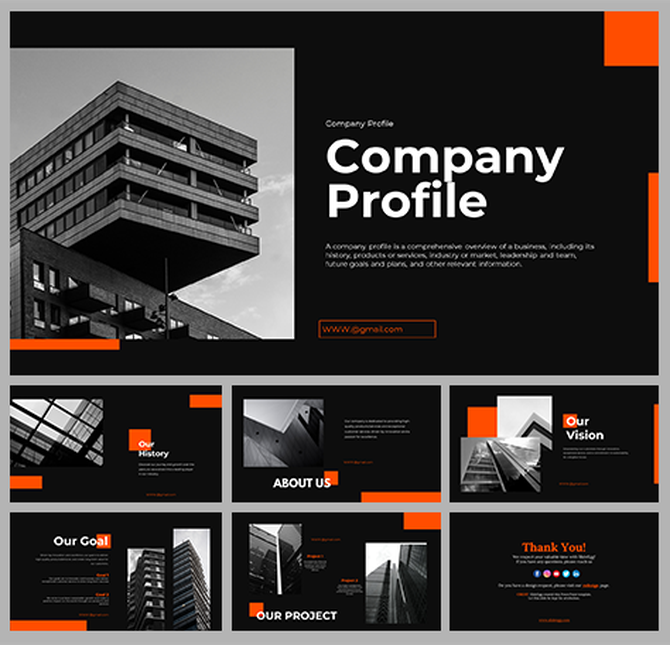 Slide deck with black background and orange accents, and monochrome architectural images for a modern company profile.