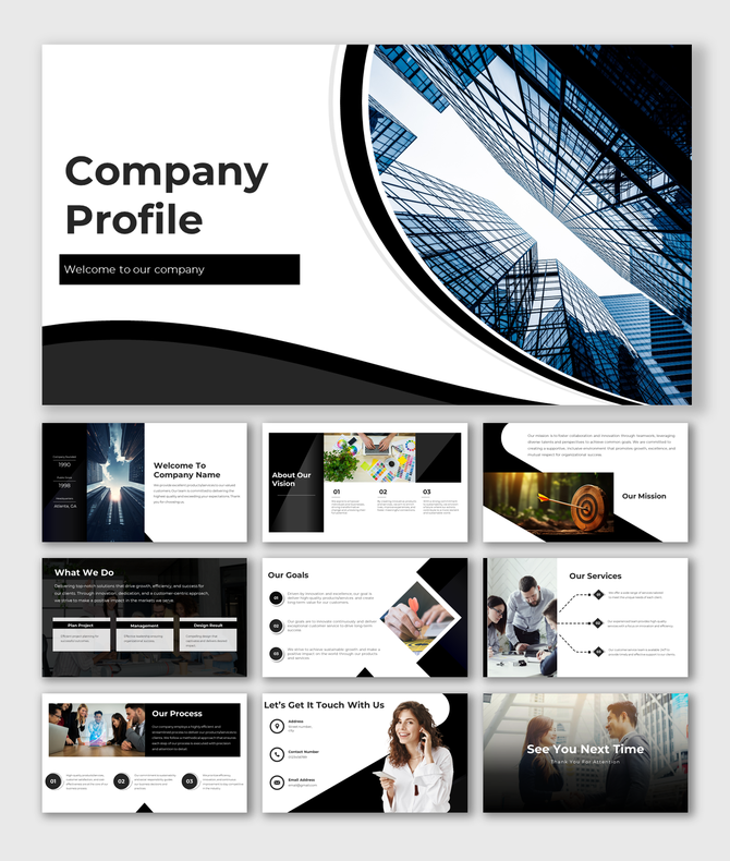 Company profile with black and white wave design, skyscraper image, and multiple business themed content slides.