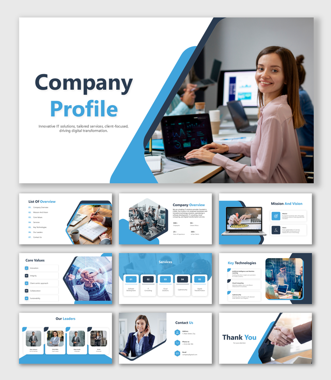 Company profile with a blue and white theme, featuring business professionals, services, and core values slides.