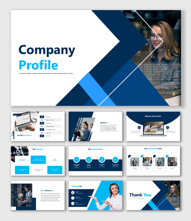 Modern software company profile template with blue design, placeholders for content, and professional visuals.