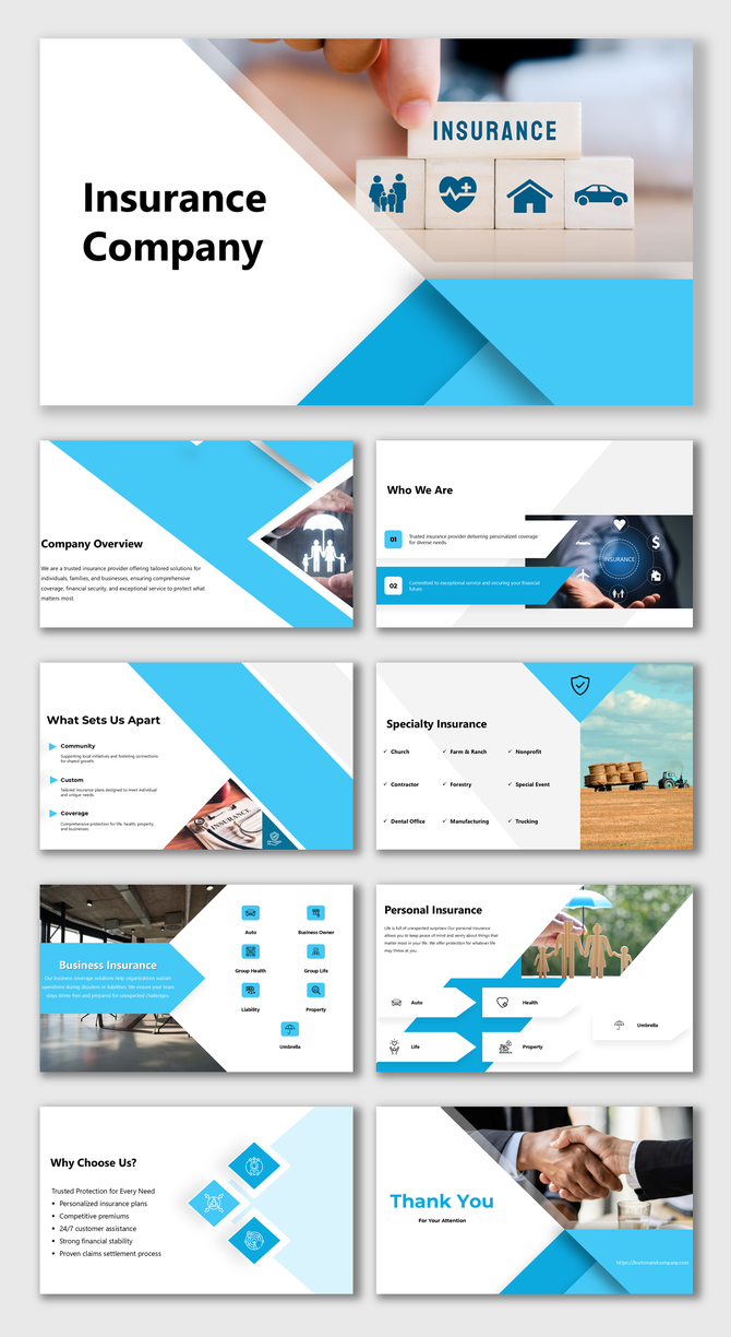 Insurance company slide deck with geometric blue elements, featuring images of financial security, and structured layouts.