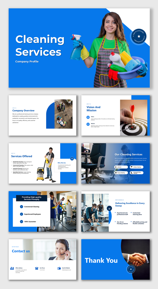 Professional cleaning services company profile PowerPoint slides with a blue themed design and structured content.