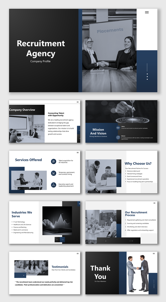 Company profile template for a recruitment agency, showcasing hiring services, industry expertise, and a handshake image.