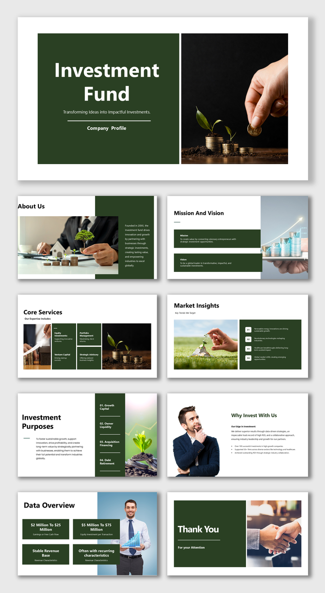 Company profile template for an investment fund,  financial strategies, portfolio management, and market trends analysis.