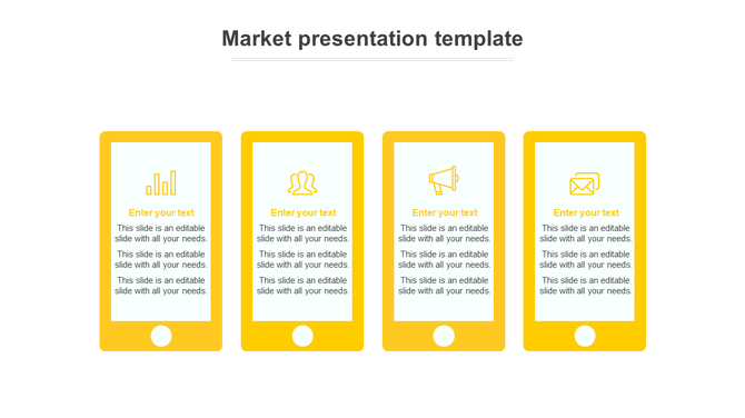 Modern PowerPoint template featuring four yellow smartphone shaped sections for marketing content with icons.
