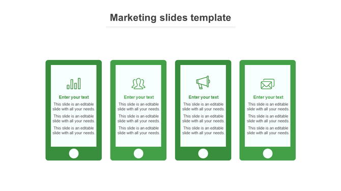 Modern PowerPoint template featuring four green smartphone shaped sections for marketing content with icons.