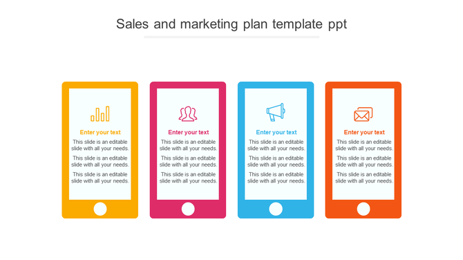 Sales and marketing plan template with four smartphone mockups in yellow, pink, blue, and orange, each containing an icon.