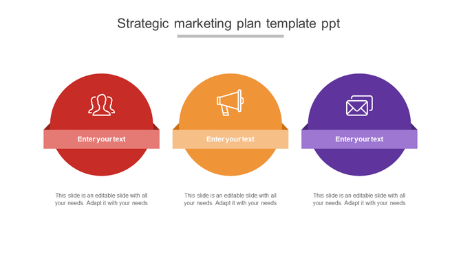 Three circular icons in red, orange, and purple with business symbols, each having a banner for text below.