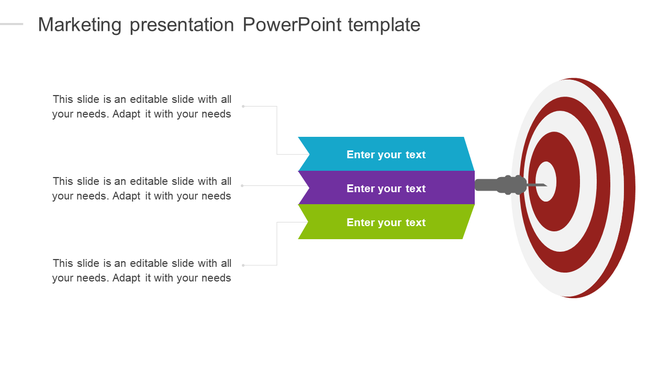 Marketing slide with a dart hitting a red and white target, connected to three horizontal arrows in blue, purple, and green.