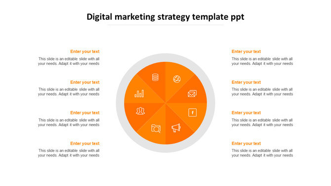 Digital marketing strategy PowerPoint template with an orange circular infographic segmented into eight sections with icons.