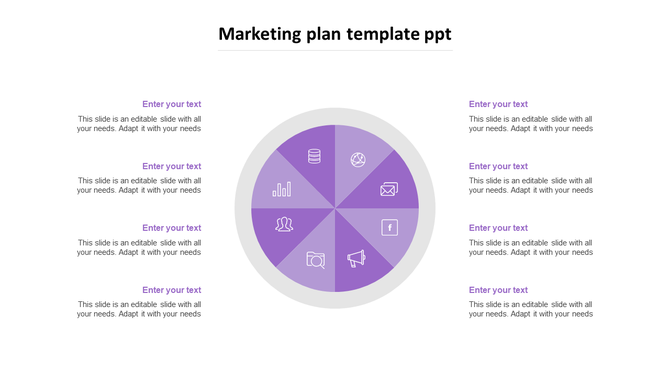 Radial marketing diagram in purple tones with eight icons and surrounding editable text areas evenly split left and right.