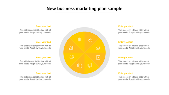 Digital marketing strategy PowerPoint template with a yellow circular infographic segmented into eight sections with icons.