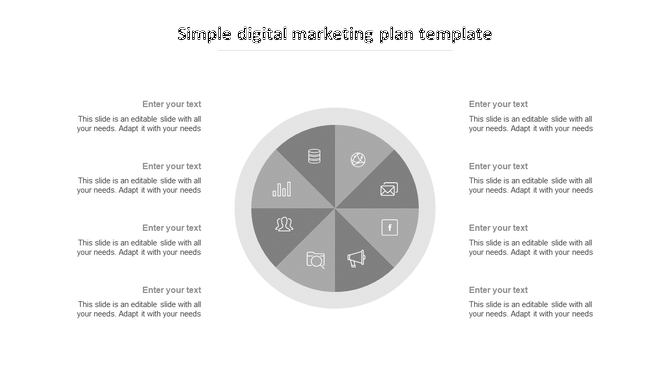 Digital marketing with eight segments and icons like email and chart, surrounded by placeholder text on both sides.
