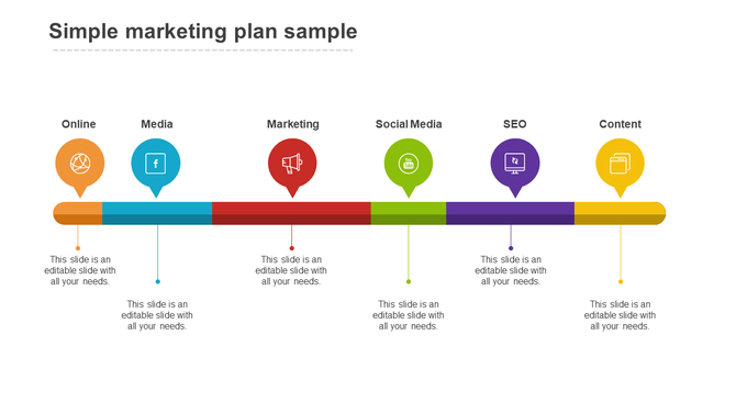 Marketing plan infographic with a horizontal bar segmented into six colors, each linked to a circular icon with labels.