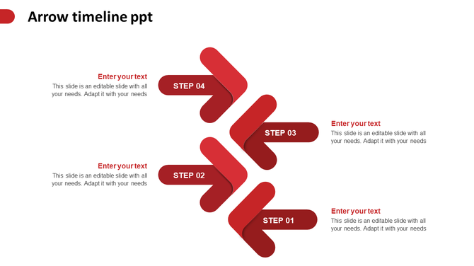Diagonal red arrow timeline with four steps, each labeled and aligned with editable text areas on alternating sides.