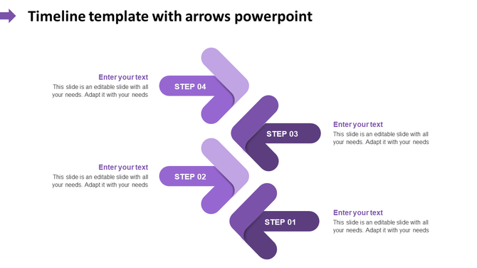Timeline template with four purple arrows in a vertical zigzag layout, each labeled with steps and text.