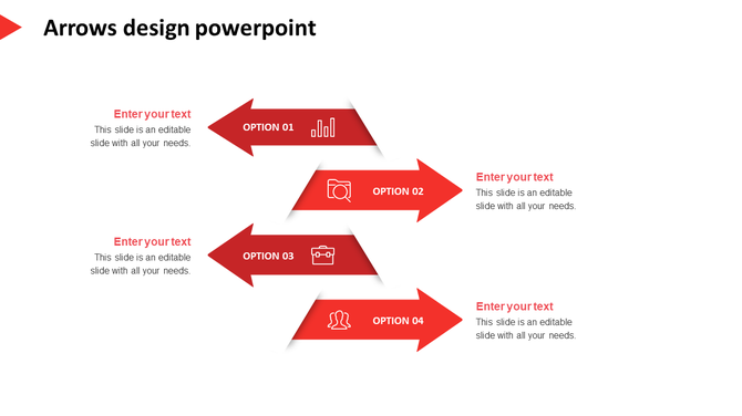 Diagonal red arrow infographic with four labeled steps, each featuring an icon and aligned with placeholder text. 
