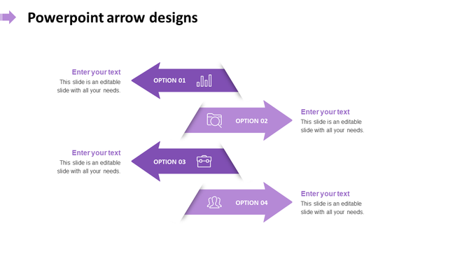 An arrow PPT template with four purple arrows labeled as options, each featuring icons and text areas on a white background.