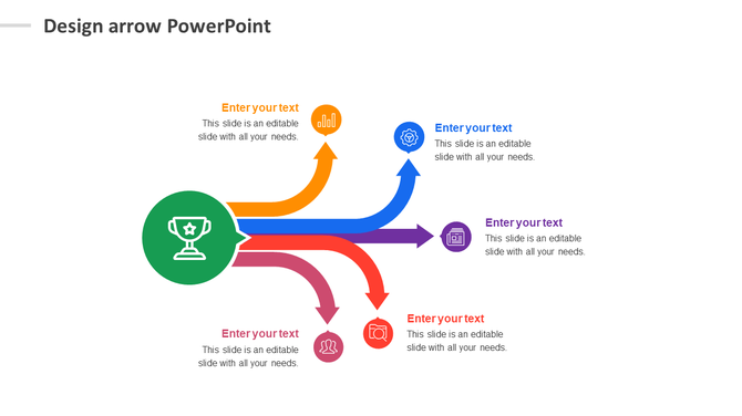 Central green trophy icon with five arrows in orange, blue, purple, red, and pink, branching out, each with icon and text.