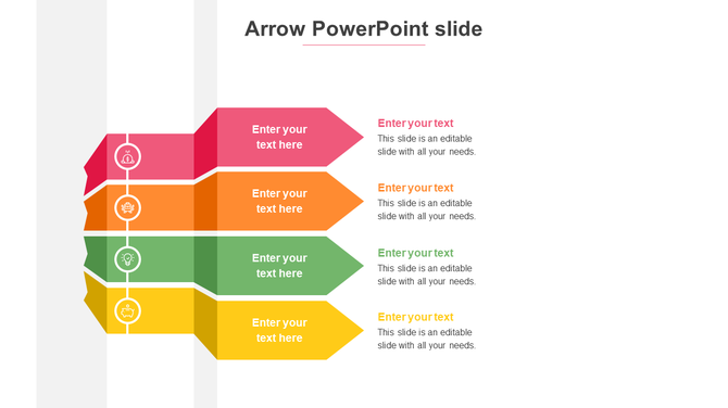 Process diagram featuring stacked colorful arrows with icons on the left and placeholders text areas on the right.