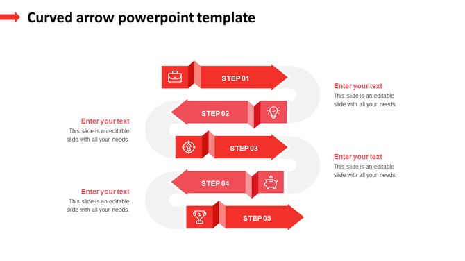 An engaging curved arrow diagram slide showcasing five sequential steps, each accompanied by relevant icons.