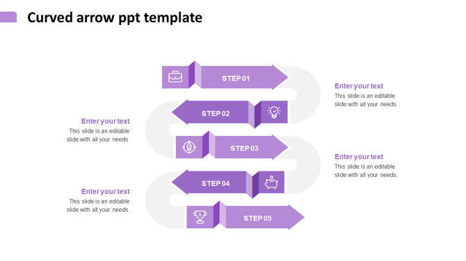 PowerPoint slide with a five step arrow infographic featuring purple icons and text fields for process visualization.
