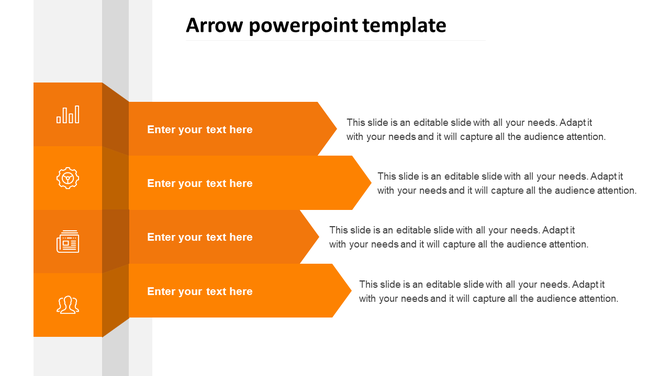 Infographic with four stacked orange arrows, each linked to an icon on the left and placeholder text on the right. 