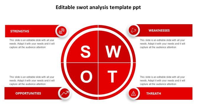 Red SWOT analysis PowerPoint template with a circular quadrant design and icons with placeholder text on a white backdrop.