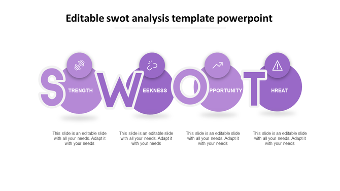 Bold circular purple SWOT design with oversized letters, icon circles above each quadrant, and editable text boxes below.