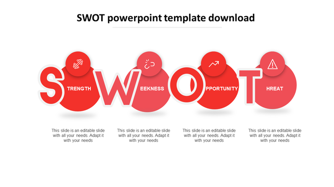 A red themed SWOT PowerPoint template showing the four sections with icons and placeholder text.