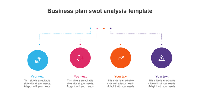 Simple business SWOT analysis layout with blue, pink, orange, and purple circular icons linked to placeholder text areas.