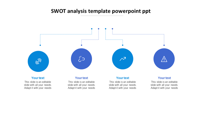 Horizontal SWOT layout with bold icons in colored circles, connected to heading via dotted lines and placeholder text below.