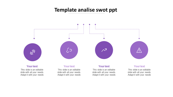 SWOT analysis PowerPoint template with four purple circular icons from strength to threat with placeholder text.