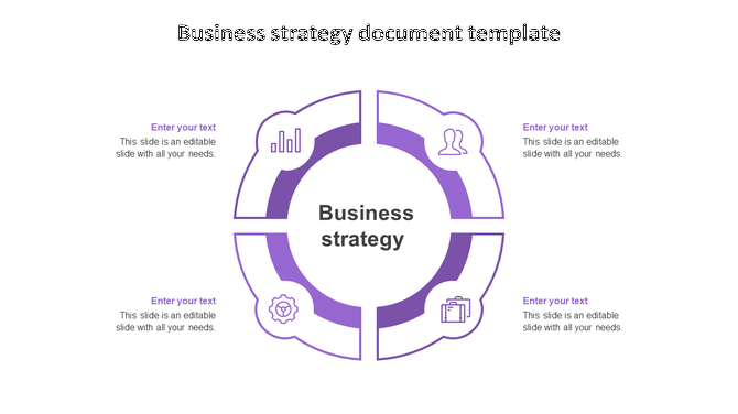 Circular business strategy diagram with four purple segments, each containing an icon and text placeholders around a label. 