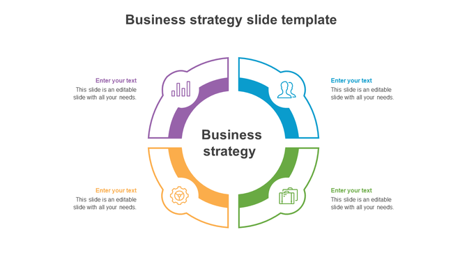 Circular business strategy PowerPoint template with four color coded segments and icons with placeholder text.