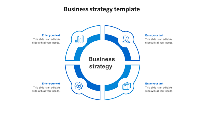 Business strategy slide with 4 section and blue circular diagram featuring icons with placeholder text on a white backdrop.