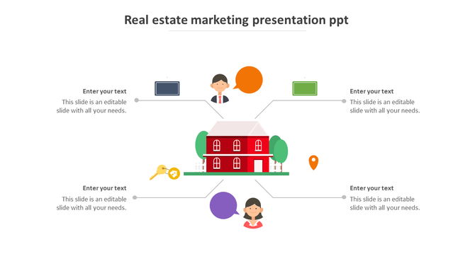 Real estate marketing PowerPoint slide with a house, key, and speech bubbles representing various stakeholders and icons.
