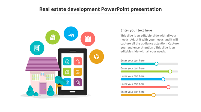 Real estate PowerPoint template featuring a house, smartphone app icons, and interactive text placeholders.