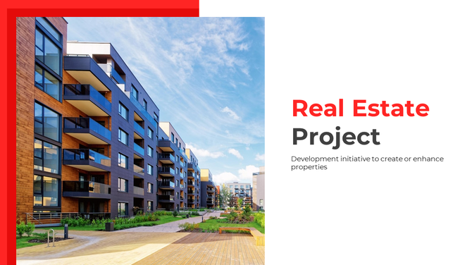 Real estate project slide featuring a modern residential building with a red border and project details on a white backdrop.