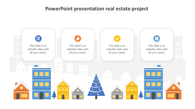 Real estate infographic with colorful houses, a blue Christmas tree, and four rounded text boxes on a city backdrop.