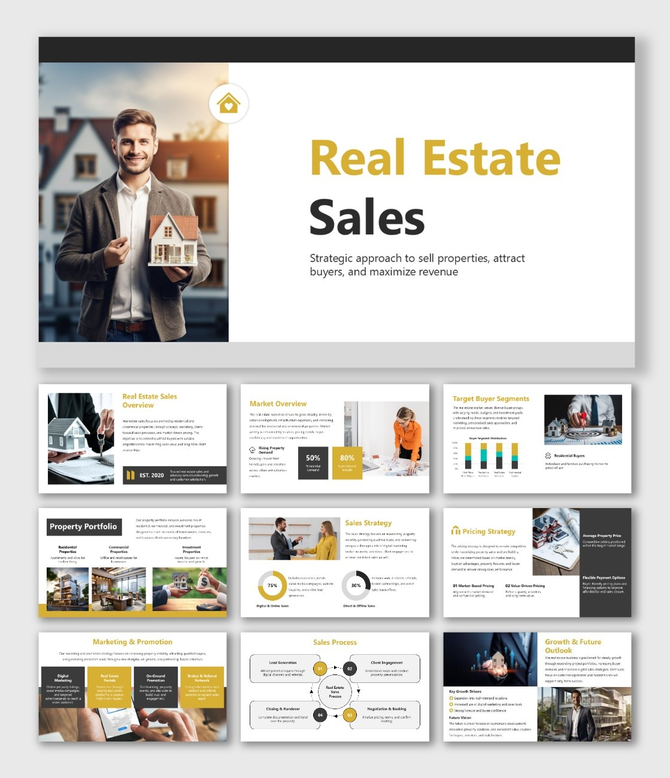 Real Estate Sales Presentation PPT with agent image, property visuals, charts, and sales strategy text.