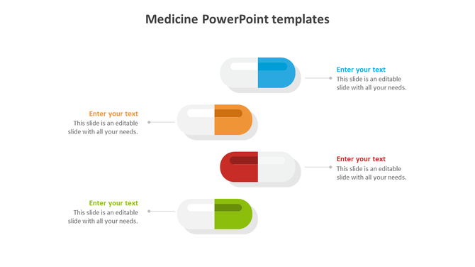 Four capsule icons in blue, orange, red, and green, aligned vertically with text placeholders, on a white background.