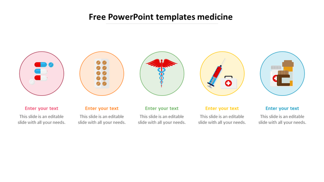Medical infographic with five icons, including capsules, tablets, caduceus, syringe, and bottles, with text placeholders.