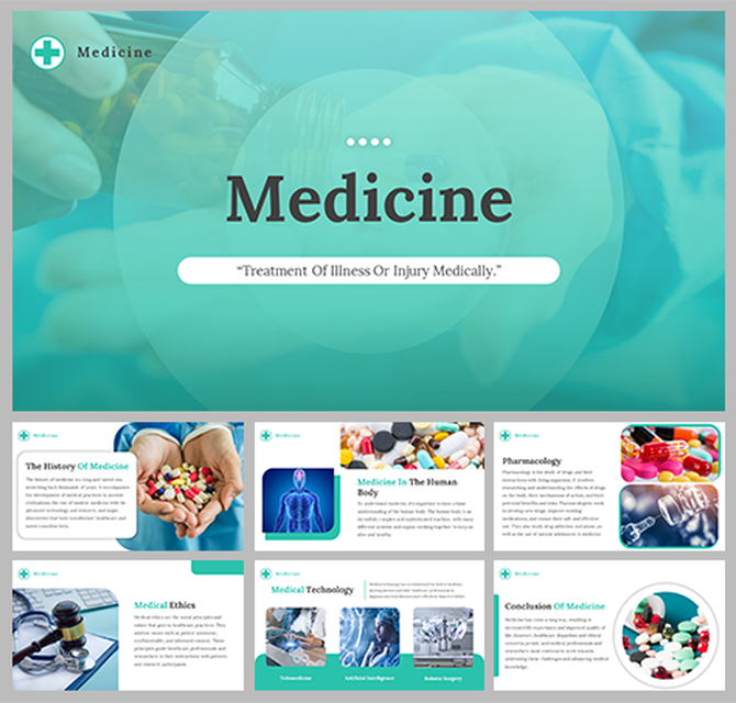 Medical-themed slide deck with a cross symbol and visual aid images  in the middle over a blue background.