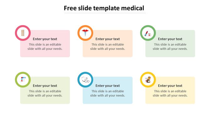 Medical PowerPoint template with six color coded text boxes and healthcare related icons on a white backdrop.