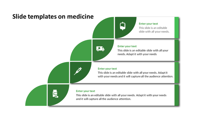 Slide with green themed DNA shape, with five segments, each containing a healthcare icon and text box.