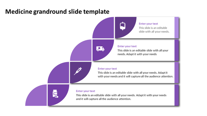 Medicine themed slide with five purple blocks in a helix shape, each representing a step with an icon and text.