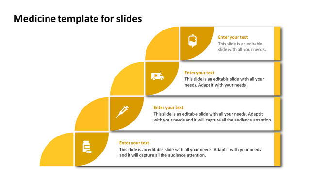 Google Slides medicine template with a yellow and white layout of DNA, showcasing medical symbols and text sections.