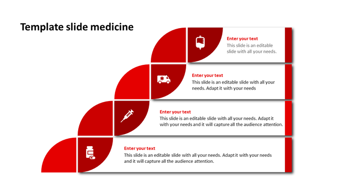 Medical template with four horizontal sections, red semicircle icons for IV bag, ambulance, syringe, and medicine bottle. 