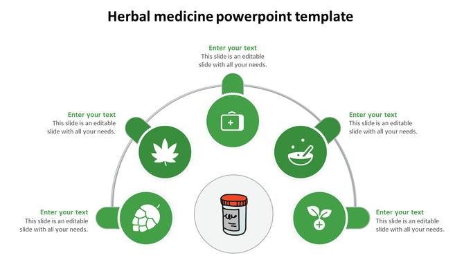 Medicine slide featuring a central pill bottle and five green health related icons in a semi circular layout.